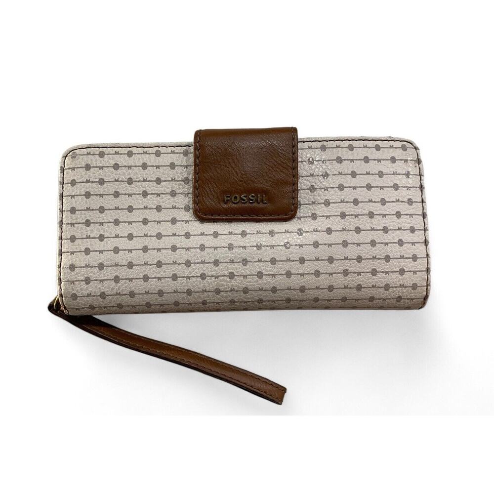 FOSSIL Emma Tab Clutch Leather Long Wallet Purse Ivory Gray Wristlet